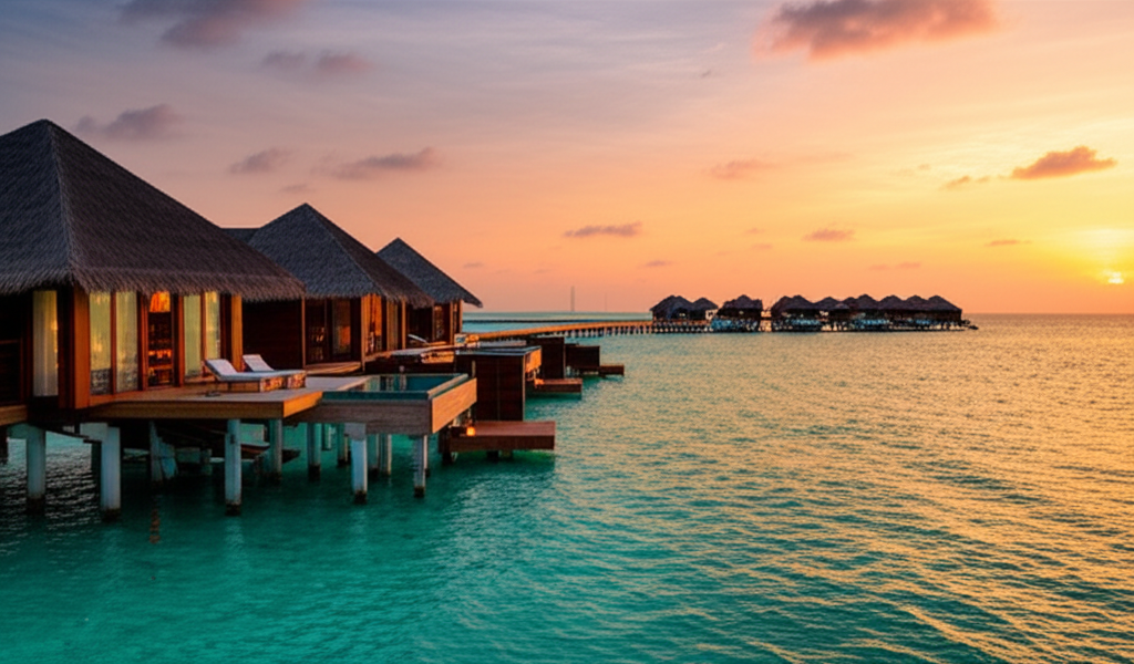 Maldives overwater villa at sunset